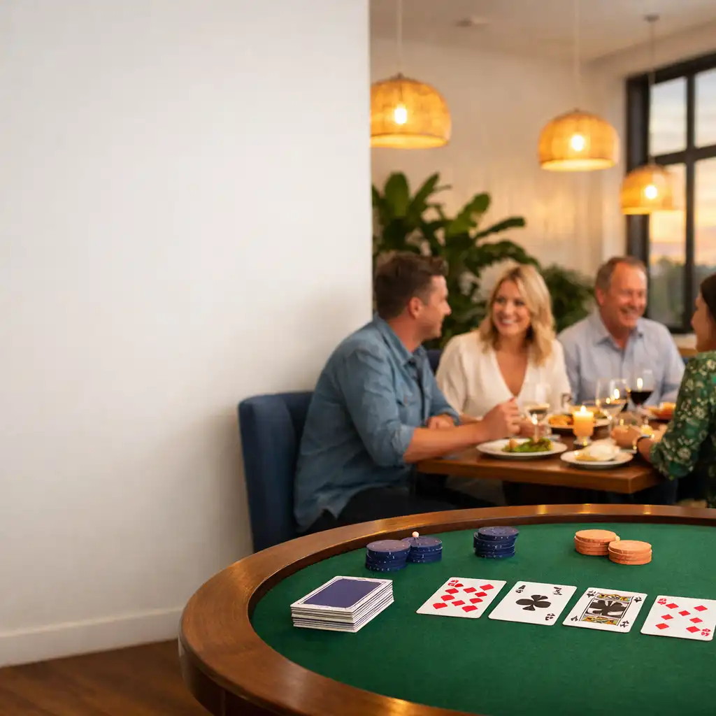 Guests sharing dinner beside a welcoming physical poker table in the Sable & Willow card lounge