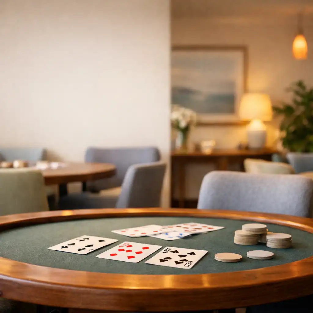 Guests in relaxed conversation around a physical poker table