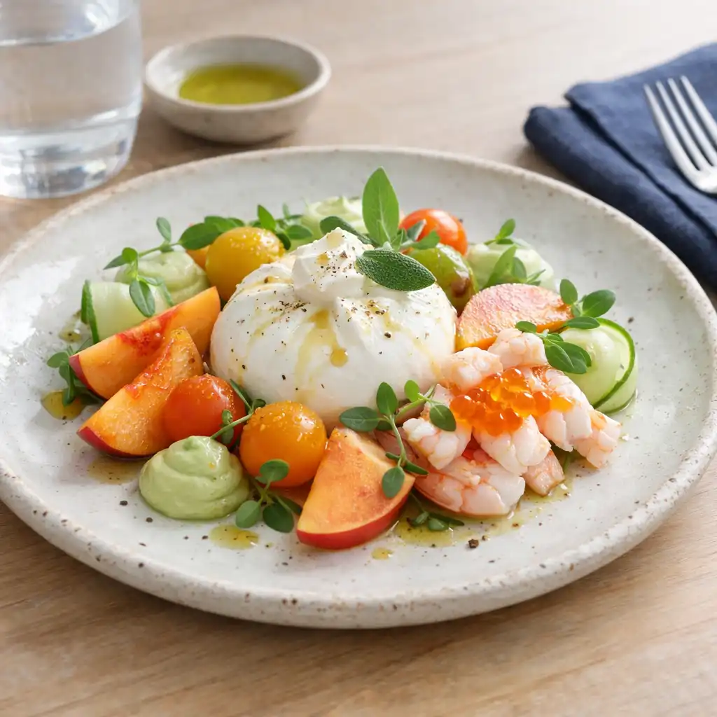 Fresh-looking chef-favourite style plate on handmade white ceramic