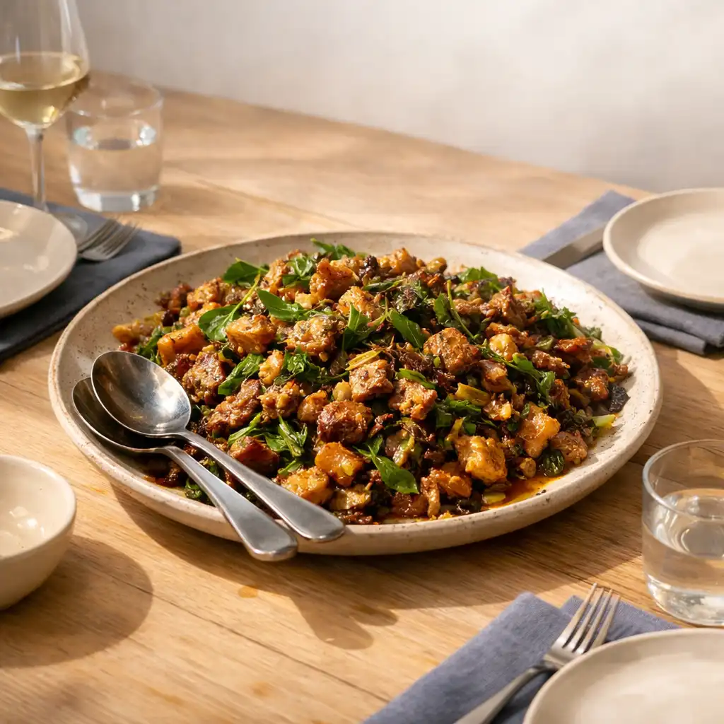 Generous centrepiece-style dish set on a shared restaurant table