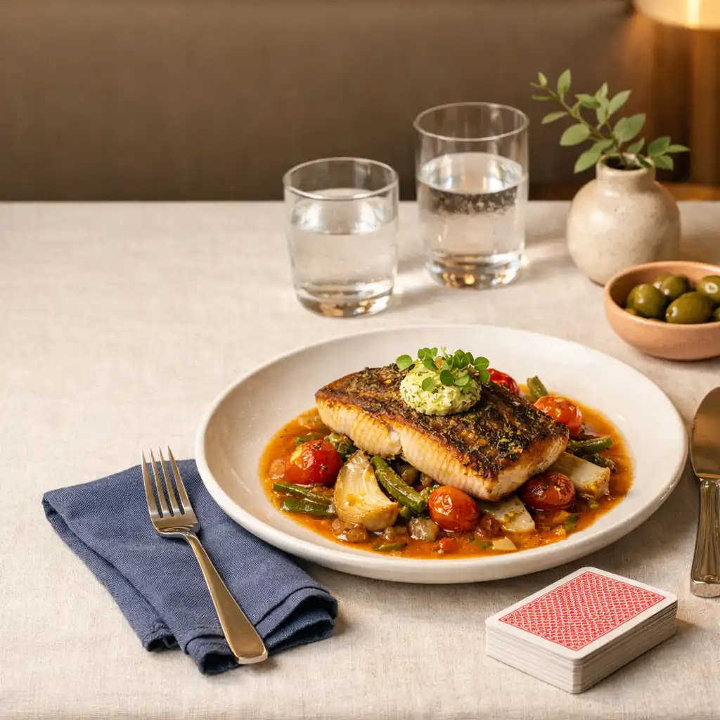 A plated chef favourite on a shared restaurant table with a discreet deck of cards nearby