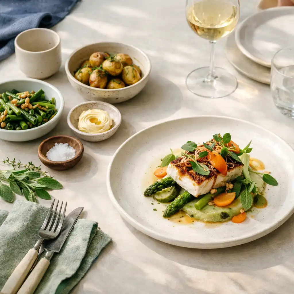 Carefully plated food with shared table settings