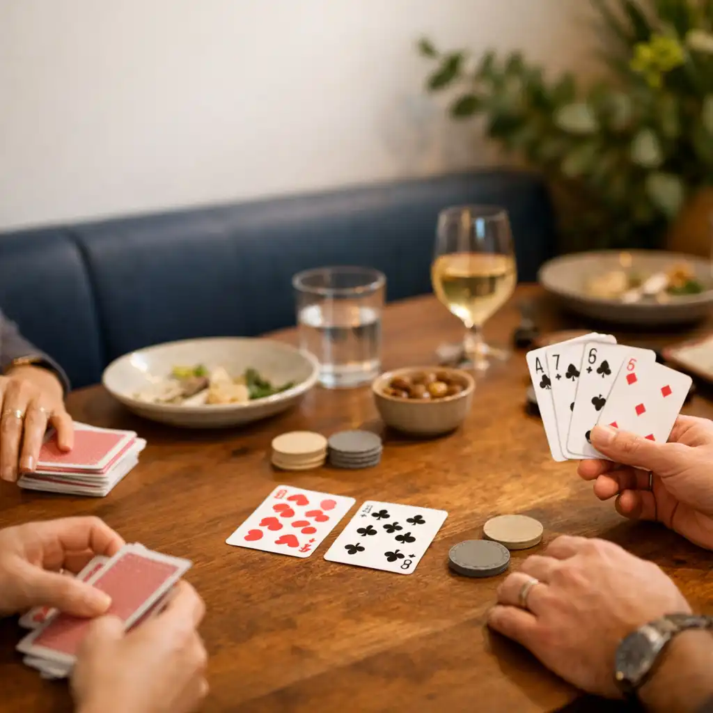Guests' hands near physical cards, dinnerware and water glasses at a bright card-lounge table