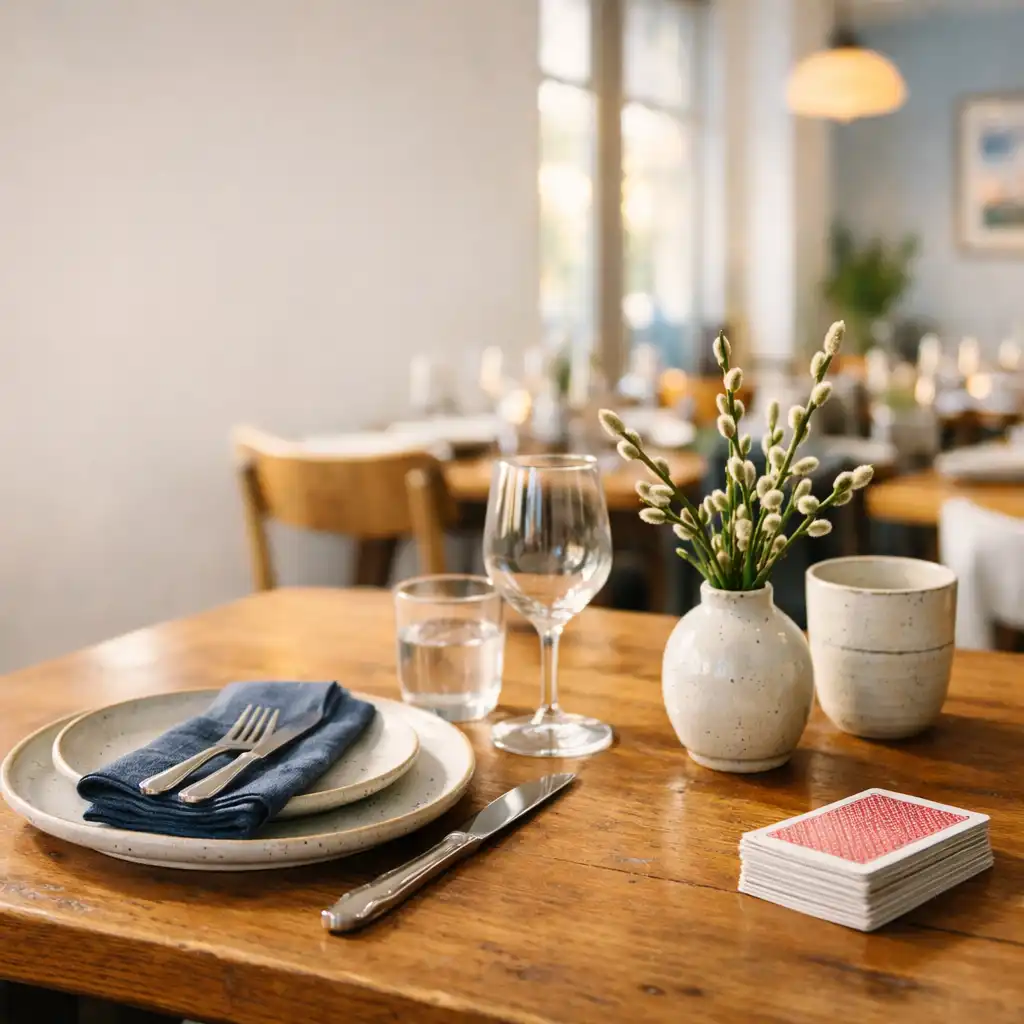 Dinnerware, greenery and a deck of physical playing cards set on a welcoming restaurant table