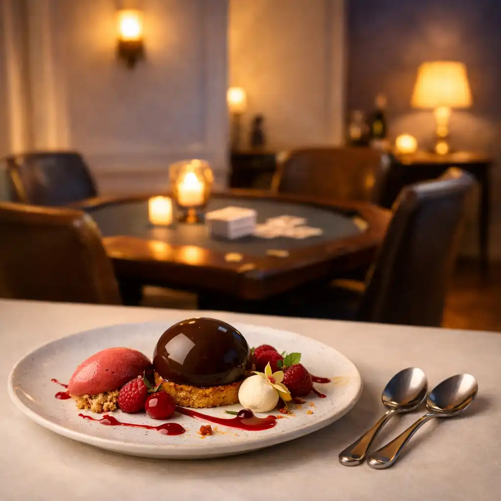 Dessert on a restaurant table with a softly blurred card-lounge setting behind it