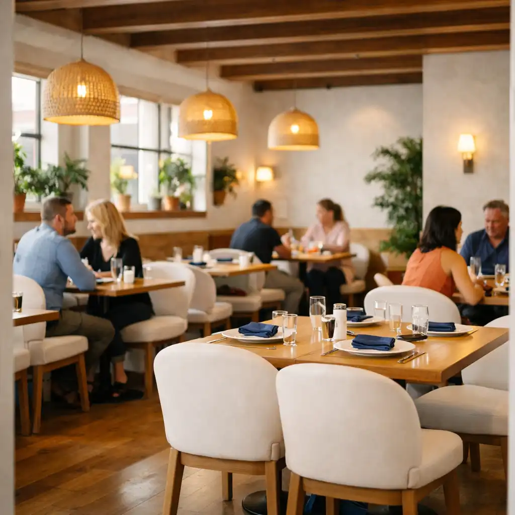 A bright welcoming dining room with simply set tables and natural light