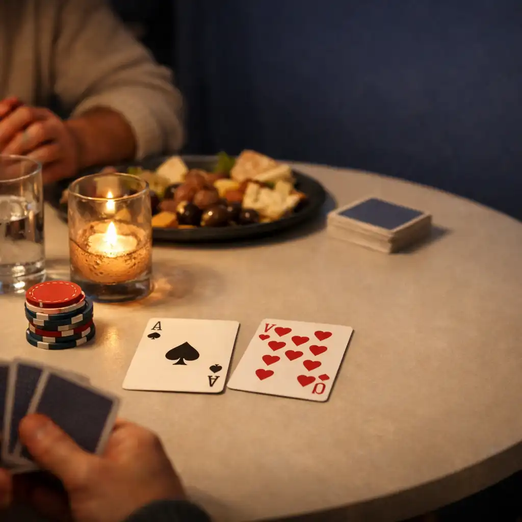 Physical cards and poker chips set on a shared card-lounge table after dinner