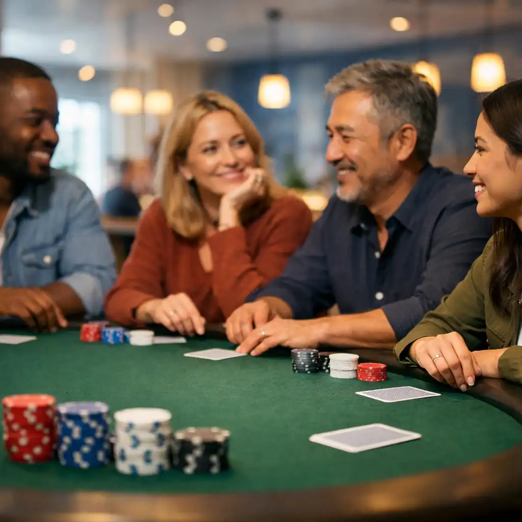 Friends gathered around a physical poker table in the card lounge