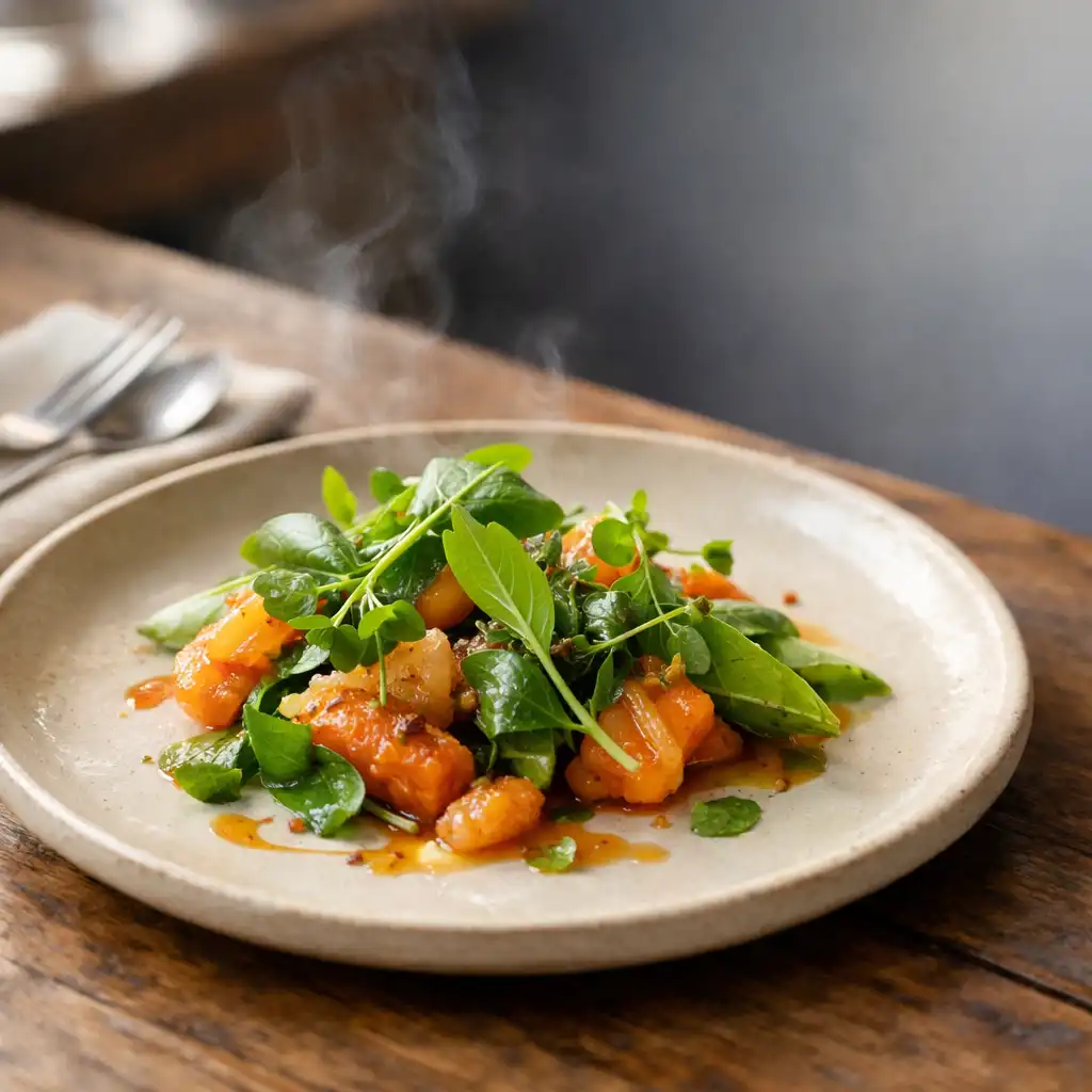 A carefully plated chef-favourite dish in warm window light