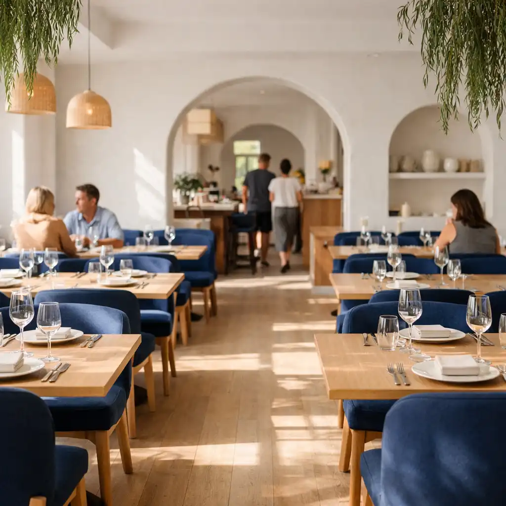 Bright restaurant dining room with pale tables and indigo seating