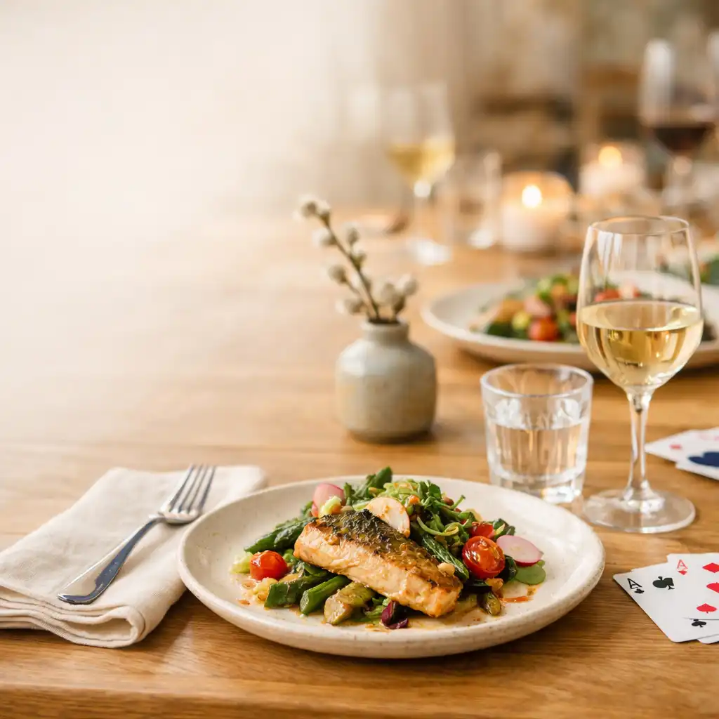 A plated dish on a bright restaurant table prepared for relaxed conversation
