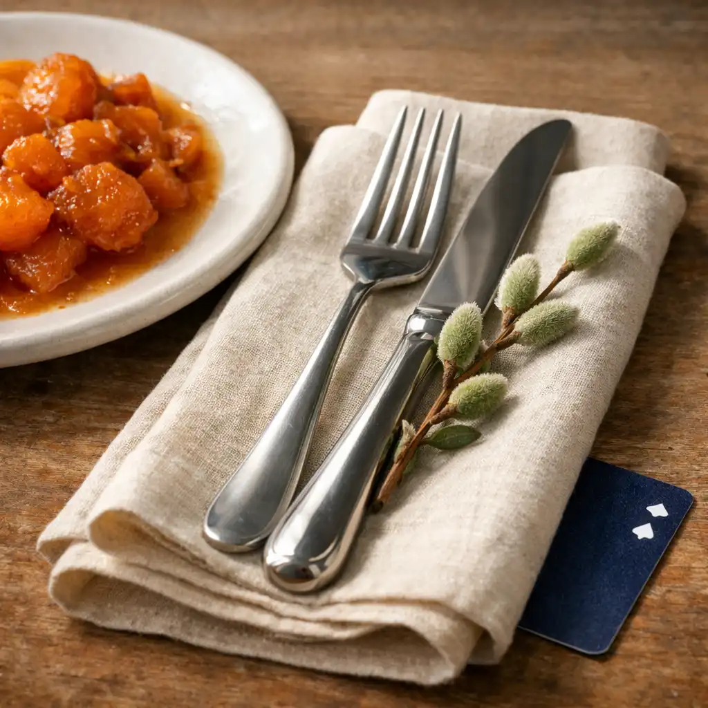 Restaurant place setting with ceramic, linen and greenery