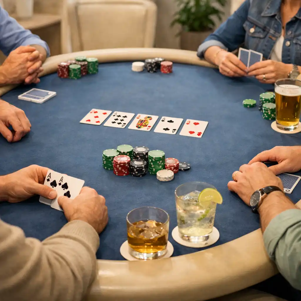 Hands, cards and table props around a relaxed in-person Texas Hold'em table