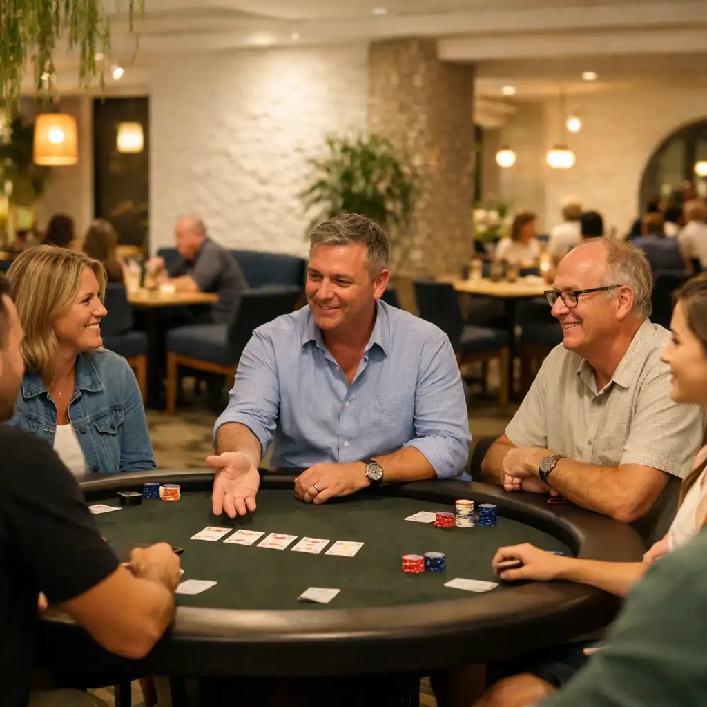 Adults enjoying conversation around a physical poker table in a bright restaurant card lounge