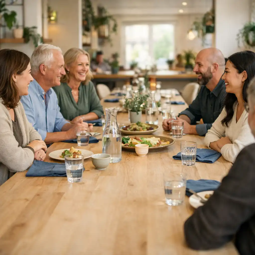 Adults sharing plates and conversation around a long restaurant table