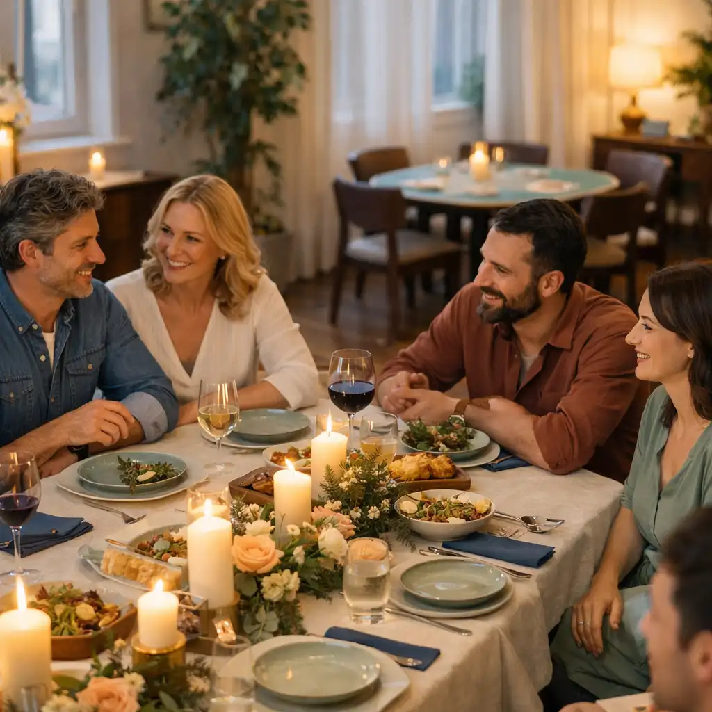 Friends enjoying food and conversation at a softly lit restaurant gathering