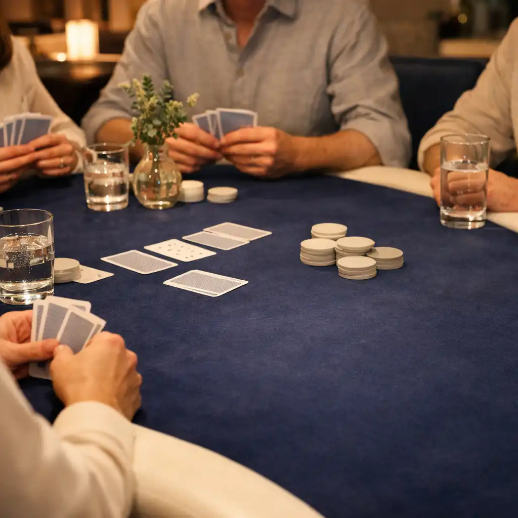 Physical cards and hands gathered around a relaxed card-lounge poker table
