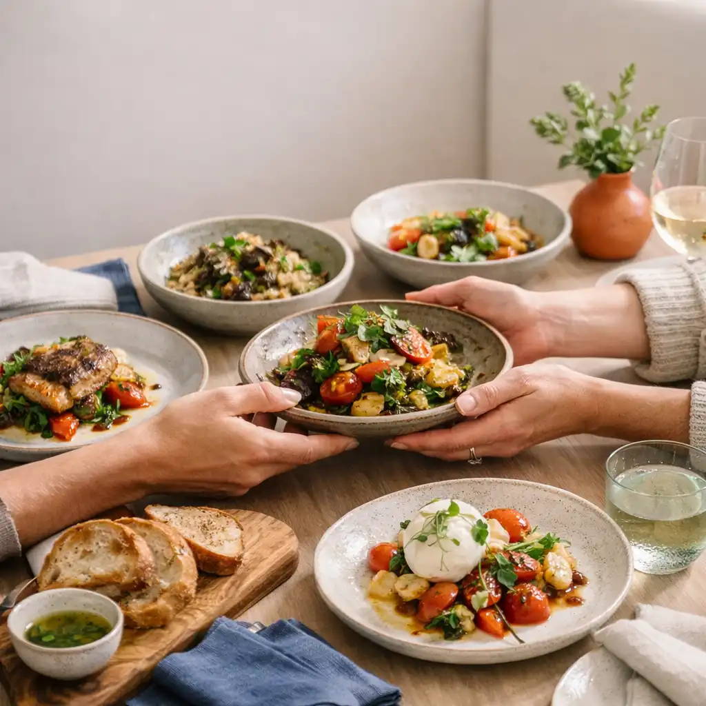 Shared dishes, ceramicware and hands passing food across a warmly lit restaurant table
