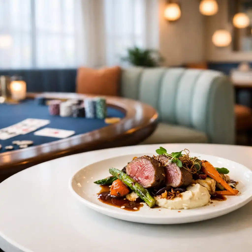 A plated dish in the foreground of Sable and Willow with lounge seating and a prepared card table in the background
