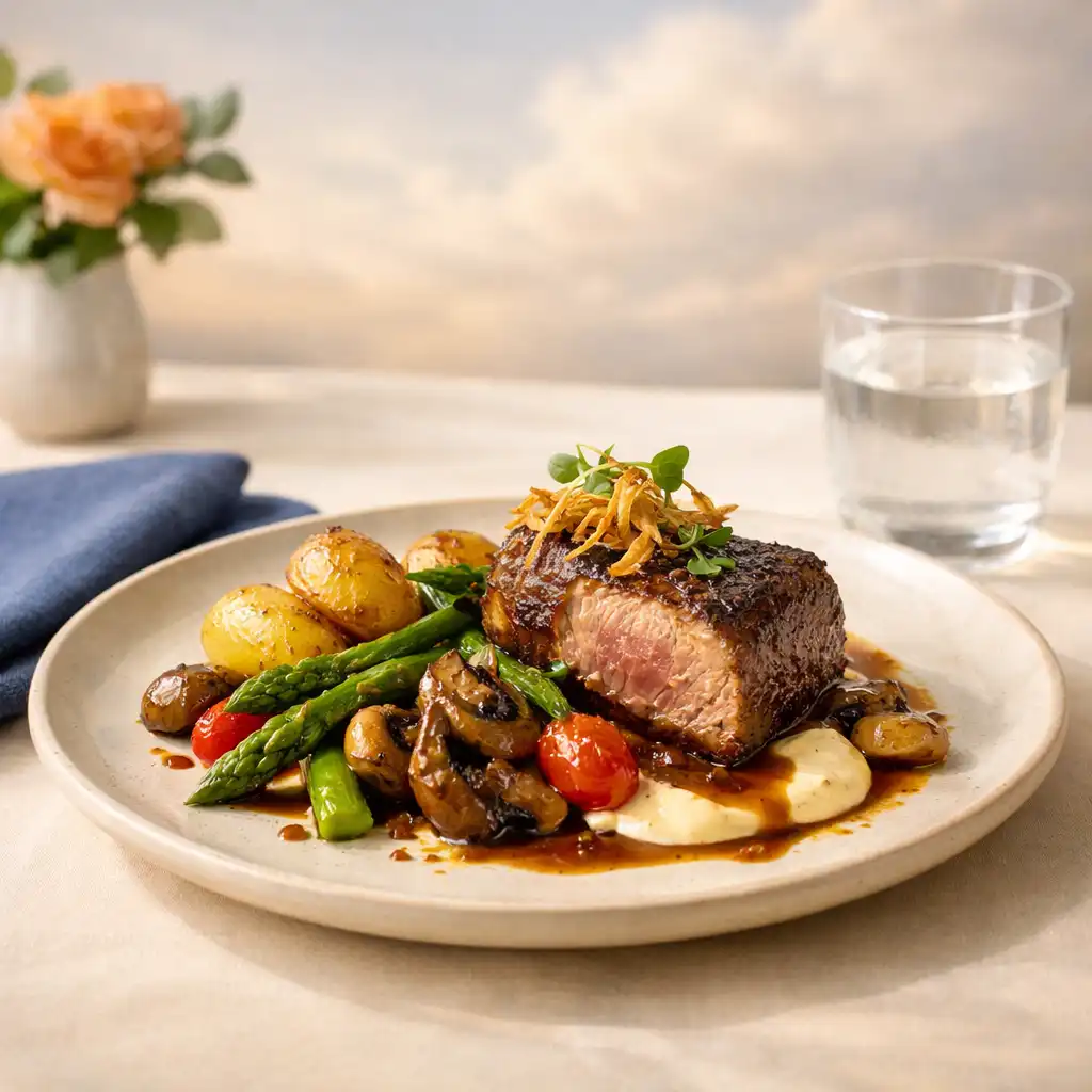 A generous restaurant plate on an ivory table setting