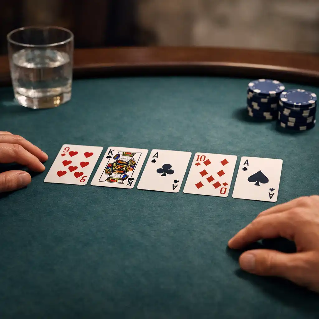 Community cards in the centre of a physical Texas Hold’em table with hands and table props nearby