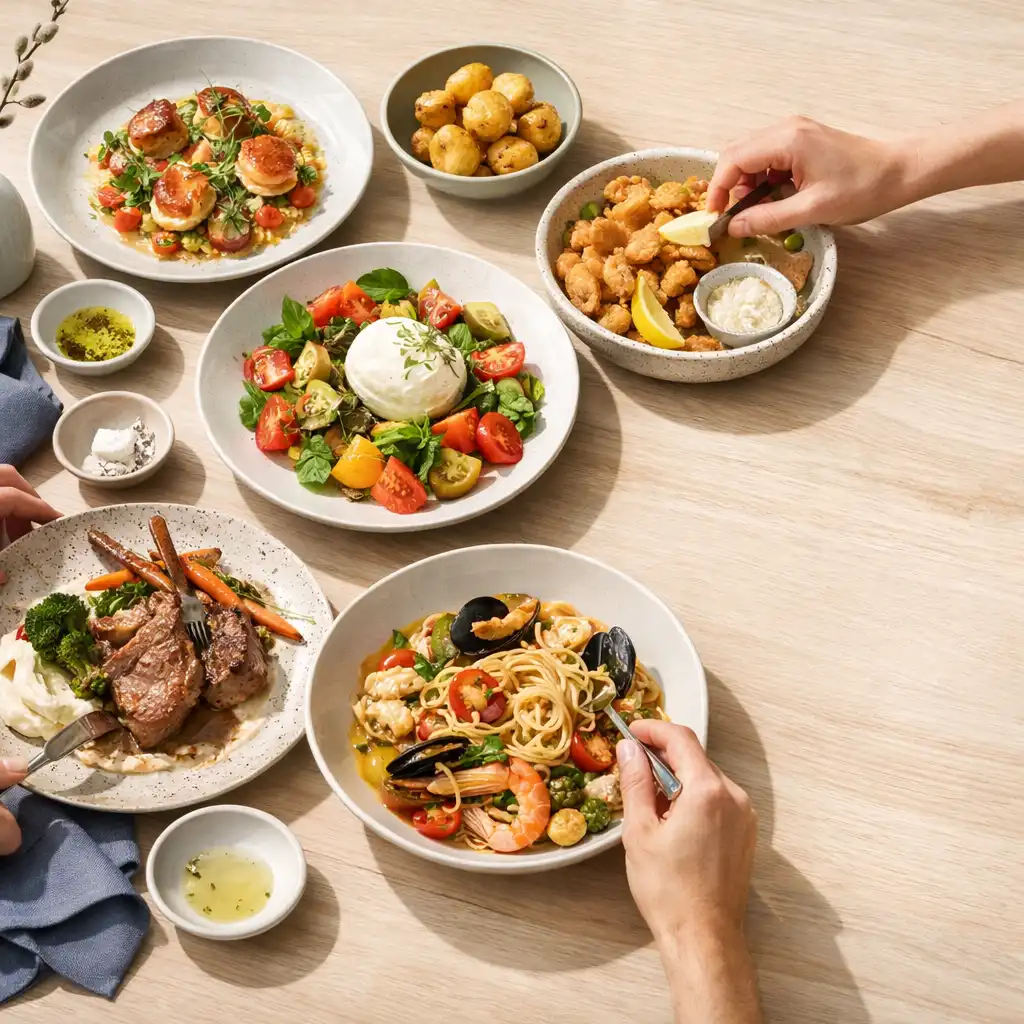 Several plated dishes shared across a pale timber restaurant table