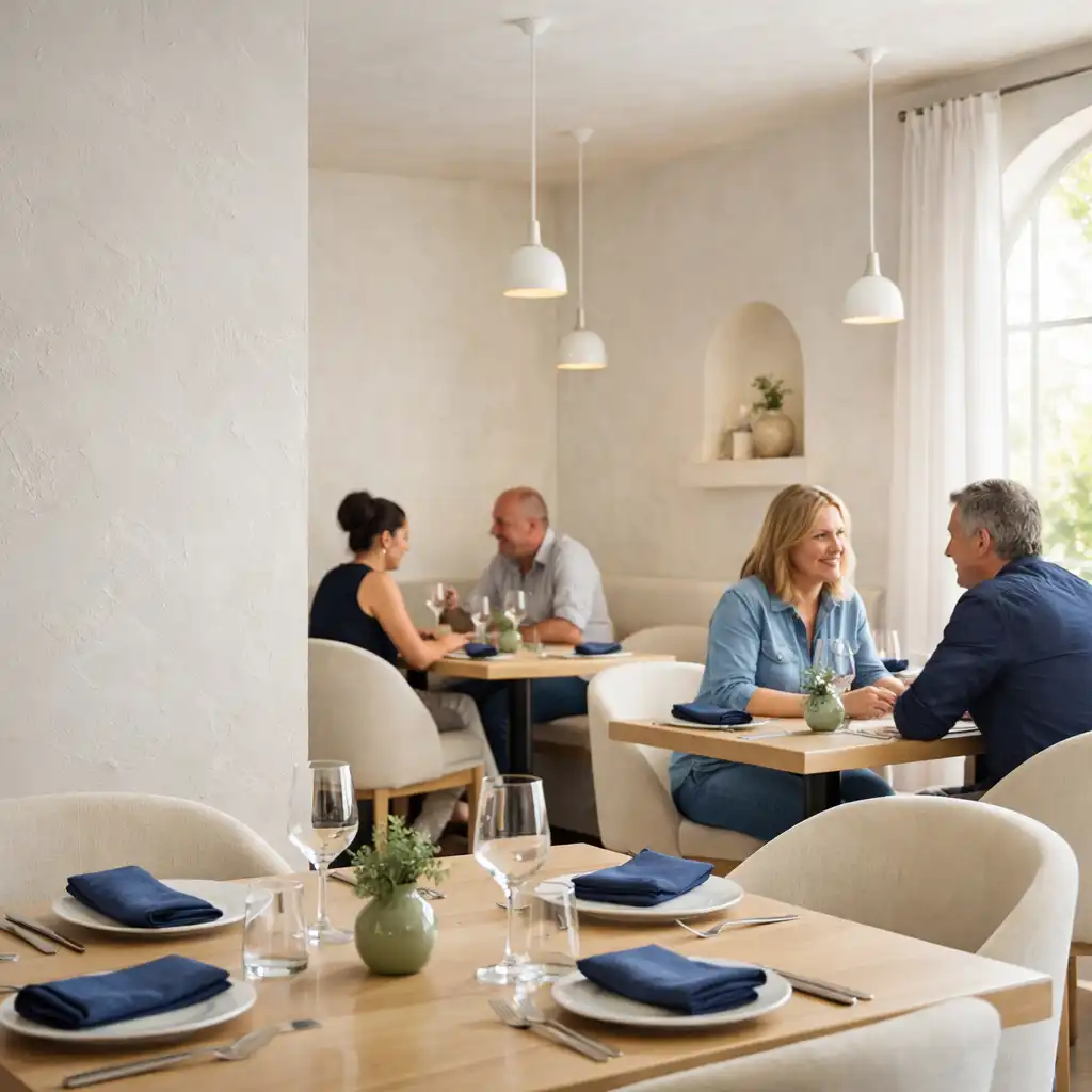 Relaxed adult diners talking in Sable & Willow's bright dining room