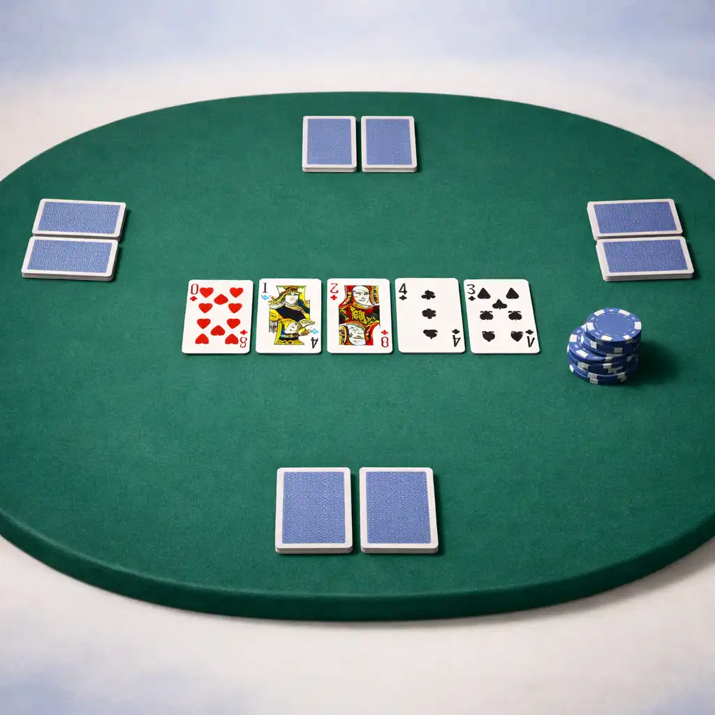 Overhead physical Texas Hold’em table showing private card places and community cards in the centre